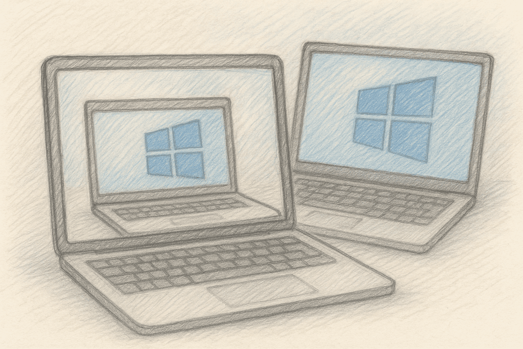 Ilustracja przedstawiająca dwa laptopy z działającym systemem screen-sharing