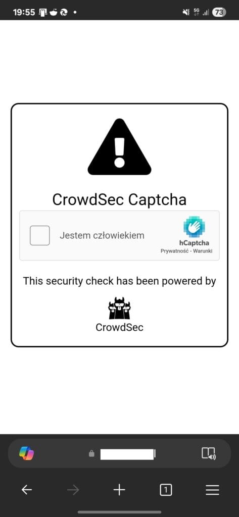Zrzut ekranu przedstawiający wyzwanie Captcha od Crowdsec