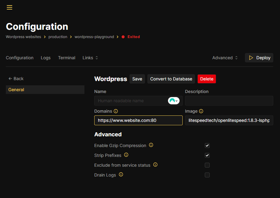 Zrzut ekranu pokazujący dashboard Coolify z konfiguracją resource WordPress+LiteSpeed Zrzut ekranu pokazujący dashboard Coolify z konfiguracją resource WordPress+LiteSpeed