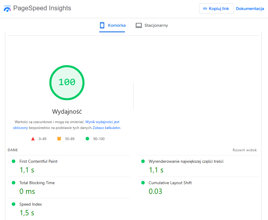 Zrzut ekranu pokazujący wynik 100/100 w narzędziu PageSpeed od Google Zrzut ekranu pokazujący wynik 100/100 w narzędziu PageSpeed od Google